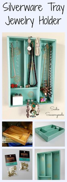 a turquoise jewelry box filled with lots of necklaces