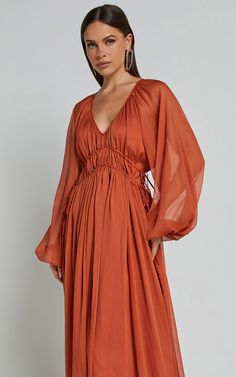 Roxanna Maxi Dress - Long Sleeve Ruched Waist Dress in Rust Formal Chiffon Dress, Dress Georgette, Ruched Waist Dress, Dress Amazon, Radiate Confidence, Plunge Neckline, Georgette Fabric, Waist Dress, Long Sleeve Maxi Dress