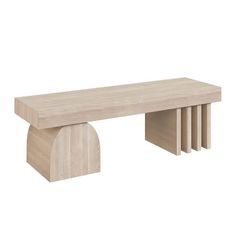 a wooden bench sitting on top of a white floor