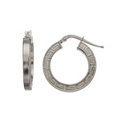 Add a timeless touch to your look with these sterling silver Greek key hoop earrings. Click on this JEWELRY & WATCHES GUIDE to learn about fit, styles, materials and more! Add a timeless touch to your look with these sterling silver Greek key hoop earrings. Click on this JEWELRY & WATCHES GUIDE to learn about fit, styles, materials and more! FEATURES Diameter: 19.5 mm Backings: click-it Metal: sterling silver Plating: rhodium Finish: polished, textured Packaging: boxed Size: One Size. Color: Whi Silver Timeless Hoop Earrings, Timeless Silver Small Hoop Jewelry, Timeless Silver Hoop Earrings As Gift, Classic Round Engraved Earrings, Silver Hoop Jewelry With Engraving, Silver Engraved Hoop Jewelry, Silver Engraved Small Hoop Earrings, Engraved Silver Hoop Jewelry, Small Hoop Engraved Sterling Silver Earrings