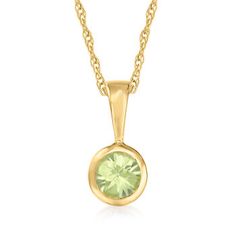 Ross-Simons - .24 Carat Peridot Pendant Necklace in 14kt Yellow Gold. 20". RS Pure. Modern designs that complete your outfit and complement your personality. Serene and simple, this dainty necklace features a .24 carat peridot pendant on a small rope chain. Springring clasp, peridot pendant necklace. Peridot birthstones are the perfect gift for August birthdays. Yellow Gold Polished Peridot Jewelry, Yellow Gold Peridot Jewelry With Polished Finish, Formal Yellow Gold Peridot Necklaces, Formal Yellow Gold Peridot Necklace, Classic Yellow Gold May Birthstone Necklace, Classic May Birthstone Necklace, Round Cut Peridot Jewelry In Yellow Gold, Classic Peridot Birthstone Jewelry, Classic Green Birthstone Necklace For Formal Occasions