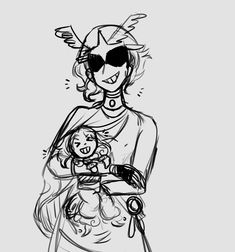 a black and white drawing of a woman holding a baby in her arms with sunglasses on