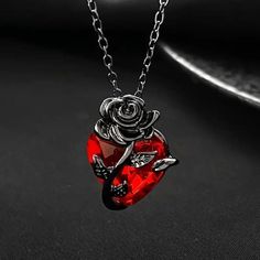 Trendy Gothic Gun Metal Rose Wrapped Around Ruby Heart Necklace - Simulated Ruby - Measurment's: See Photo Blood Jewelry, Ruby Heart Necklace, Collar Rosa, Red Heart Necklace, Grunge Jewelry, Gothic Rose, Hari Valentine, Style Gothic, Viking Bracelet