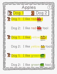 an apple themed worksheet with the words apples and dogs on it's side