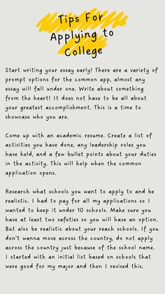 a handwritten letter with the words tips for applying college written in black and yellow