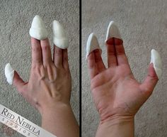 two pictures of someones hands with fake white shoes on their fingers and one showing them as if they are holding something