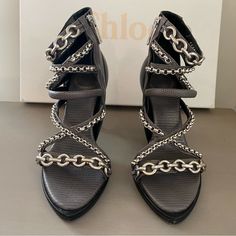 Questions? Leave A Comment Below! Great Pre Owned Condition See Photos For Imperfections Size 36 Or Us 6 Chain Heels, Chloe Shoes, Shoes Women Heels, Black Silver, Chloe, Shoes Heels, Im Not Perfect, Size 6, Women Shoes