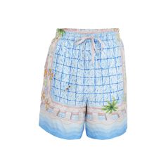 CASABLANCA satin shorts with allover beachside pool print Elasticized drawstring waist Regular rise Side slip pockets Back patch pocket Relaxed legs Pull-on style Silk Lining: Polyester Dry clean Made in Italy Summer Pool Shorts For Vacation, Vacation Swim Trunks With Drawstring For Poolside, Beachwear Pajama Shorts For Vacation, Vacation Beachwear Pajama Shorts, Bermuda Shorts For Poolside, Bermuda Shorts For Beach Season Poolside, Beachwear Swim Trunks For Pool With Drawstring, Beachwear Bottoms For Poolside Resort, Bermuda Swim Trunks For Poolside Beach Season