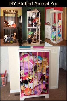 several different pictures of stuffed animals in an animal cage and on the floor, with text overlay that reads diy stuffed animal zoo