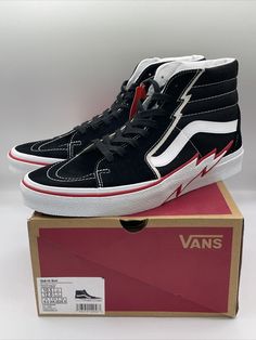 Elevate your street style with these Vans SK-8HI BOLT sneakers in black and racing red. These unisex high-top sneakers feature canvas uppers with a calls pattern, providing comfort and durability for all seasons. With a rubber cleat type and Vans' iconic SK8-Hi Bolt character, these shoes are perfect for gym and training, school, water sports, dance, or yoga. The shoes come in men's size 10.5 and women's size 12.0 (UK size 9.5 and EU size 44), making them ideal for both men and women who want to make a bold statement with their footwear. These Vans High Tops are not only stylish but also versatile, perfect for activewear, casual wear, and workwear. Get ready to step up your shoe game with these SK-8HI BOLT sneakers. Bolt Characters, High Top Vans, Vans Sk8, Shoe Game, High Tops, High Top Sneakers, Casual Wear, Athletic Shoes, Men's Shoes