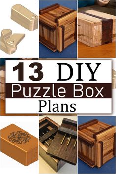 wooden box plans with the words 13 diy puzzle box plans