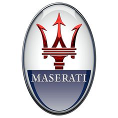 the maserati logo is shown in red, white and blue on a silver oval