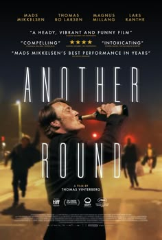 the poster for another round featuring a man drinking from a beer bottle and looking up into the sky