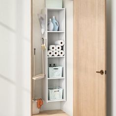 an open closet door with toilet paper and other items on shelves next to the doors