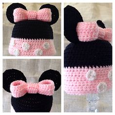 crocheted minnie mouse hat with pink and black ears