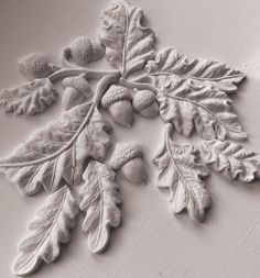 an arrangement of leaves and acorns is shown in black and white, on a table