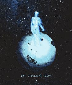 a man standing on top of a blue object in the middle of space with stars