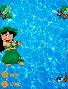 a cartoon character is floating in the water next to a pool with flowers and plants