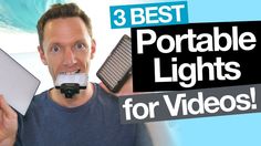 a man holding up two laptops with the words 3 best portable lights for videos