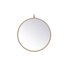 a round mirror hanging on the wall with a gold chain attached to it's side