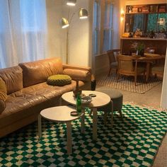 a living room filled with furniture and a green checkered rug on top of a floor