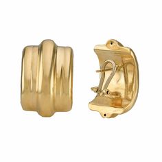 Lovely pair of 14k Italy gold earrings! Made in Italy 14k, gold earrings will definitely make a sophisticated statement whether you choose to dress them up or down. The ear-clips represented here have a high polish finish and wonderful curvature that reflects the light. The earrings are finished off with a post and French clips often referred to as omega backs. Metal Purity: 14k Condition: Excellent Weight: 11.1 Grams Place of Origin: Unknown Circa: 1990's Dimensions:  29.0 mm x  18.0 mm Gold Leaf Earrings, Ear Clips, Diamond Dangle Earrings, Gold Statement Earrings, Gold Statement Necklace, Italian Jewelry, Onyx Bracelet, Jewelry Fashion Trends, Party Earrings