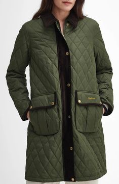 Barbour Tulip Corduroy Trim Quilted Coat | Nordstrom Classic Winter Quilted Jacket With Diamond Quilting, Classic Diamond Quilted Jacket For Winter, Classic Quilted Jacket With Padded Collar, Classic Quilted Outerwear For Work, Classic Quilted Jacket With Button Closure, Classic Quilted Jacket With Buttons For Work, Classic Quilted Jacket For Workwear, Classic Quilted Jacket With Buttons, Classic Quilted Jacket With Buttons For Fall