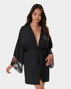 Elegant Loungewear, Black Kimono, Satin Kimono, Women's Robe, Night Wear, Polyester Satin, Black Laces, Lingerie Set, Nightwear