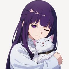 a girl with purple hair holding a white cat