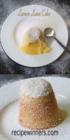 lemon lava cake on a white plate with powdered sugar