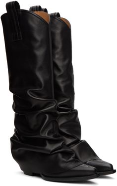 Mid-calf grained leather boots in black. · Ruching throughout · Layered construction · Pointed toe · Concealed embroidered detailing at vamp · Pull loops at collar · Grained leather lining · Leather block heel with rubber injection · Leather outsole · Heel: H2 Supplier color: Black leather Sleeve Boots, Leather Block Heels, Mid Calf, Leather Boots, Shoes Boots, Block Heels, Cowboy, Black Leather, Great Deals