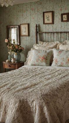 a large bed in a bedroom with floral wallpaper