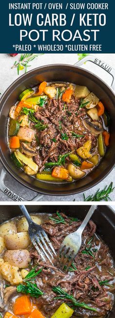 two pictures showing how to make slow carb / keto pot roast