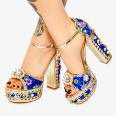 Jeweled Rhinestone Gemstone Gem Jasmine Heels Gorgeous Platform Heel Sold Out Style- Have Yellow Available Too But Only A Few Of Each! Goth Platform Boots, Goth Platforms, Azalea Wang, Sugar Thrillz, Clothing Cute, Glitter Heels, Rhinestone Sandals, Rhinestone Heels, Metallic Heels