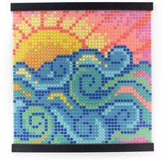 an art piece made out of legos and colored beads on a white background with black frame