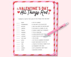 valentine's day all things red printable game with pen on pink and white background