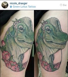 two pictures of an alligator with flowers on it's thigh, one is green and the other is pink