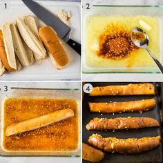 four pictures showing how to make hot dogs with mustard and seasoning in baking pans