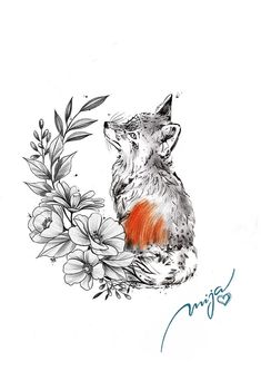 a drawing of a fox sitting next to flowers