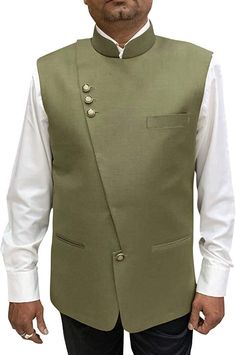 Mens Olive green Indian Nehru Waist Coat 4 button made in polyester fabric. The cost includes only one Nehru Vest. Men's fashion business suit vest for formal or casual occasions; wedding; groomsman vest; party and more Made in India; Dry-clean only Fitted Green Nehru Jacket For Semi-formal Occasions, Formal Green Fitted Nehru Jacket, Green Fitted Nehru Jacket For Semi-formal Occasions, Green Fitted Nehru Jacket For Wedding, Green Nehru Jacket For Groom, Green Nehru Jacket For Grooms, Fitted Green Nehru Jacket For Spring, Elegant Green Nehru Jacket For Formal Occasions, Green Fitted Nehru Jacket For Spring