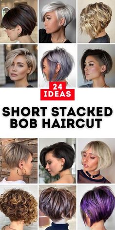 Discover 24 stylish short stacked bob haircuts for 2024, designed for modern women seeking a fresh and chic look. This versatile cut is perfect for fine hair, adding volume and texture, or for thick hair that needs more shape. Whether you're over 50 or want a youthful style, the short stacked bob is a great choice. Add bangs for a playful twist or keep it sleek for a more refined look. Blonde Stacked Bob Short, Over The Ear Pixie Haircut, Short Pixie Layered Haircuts, Symmetrical Bob Haircut, Layered Stacked Bob Haircut Over 50, Short Shag Bob Haircuts, Textured Pixie Bob, Short Bob With Bangs For Fine Hair Round Faces, High Stacked Bob Haircut