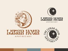 the logo for lunar hour apothecary is shown in brown and blue colors