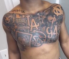 a man with many tattoos on his chest