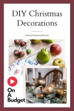 christmas decorations on a table with the words diy christmas decorations above it and an image of