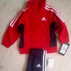 Adidas Bright Red Jogging Suit Navy Pants With Strechy Waistband Included Size 12 Months Red Cotton Sports Set, Sporty Red Long Sleeve Set, Red Sports Sets For Winter, Red Playtime Sets For Winter, Sporty Red Playwear Set, Red Sporty Playwear Sets, Red Sporty Playtime Sets, Red Winter Sports Sets, Red Long Sleeve Sports Sets