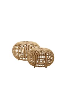 two round wicker stools sitting next to each other on top of a white background