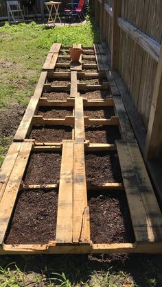 a garden bed made out of wooden pallets with dirt in the middle and grass growing between them