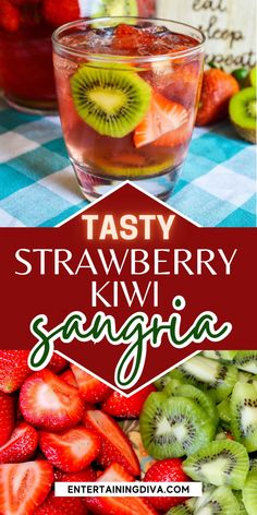 strawberry kiwi sangria with sliced kiwis and strawberries in the background