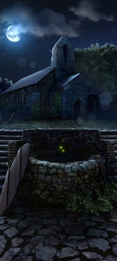 an old building with stairs leading up to it and a glowing green eye in the dark