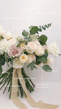 the parts of a wedding bouquet displayed on a white background with text describing it's names